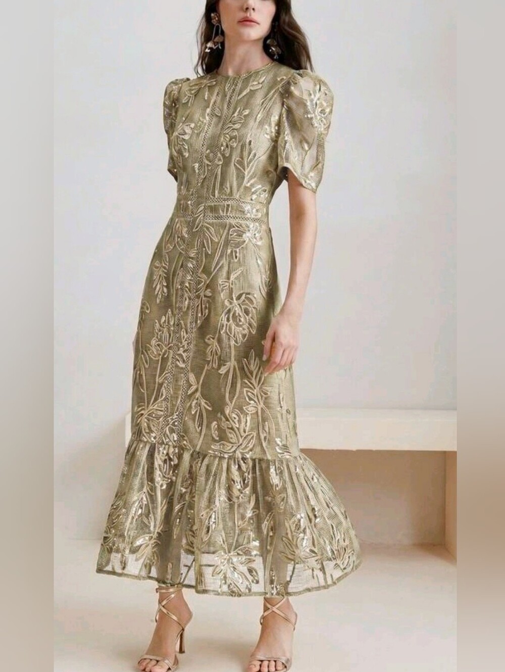 New Mesh Sequin Long Dress Puff Sleeve Khaki Tan Gold